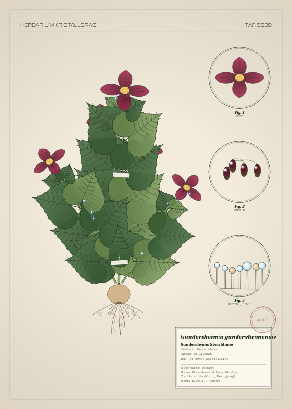 Botanische Tafel: Gundersheimia gundersheimensis, eine erfundene Pflanze aus Gundersheim, gezeichnet wie in einem alten Pflanzenatlas