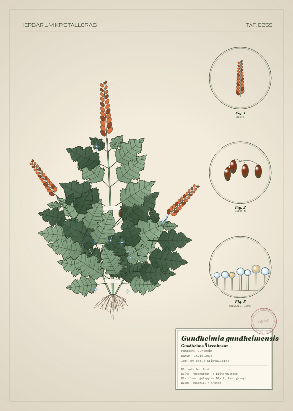 Botanische Tafel: Gundheimia gundheimensis, eine erfundene Pflanze aus Gundheim, gezeichnet wie in einem alten Pflanzenatlas