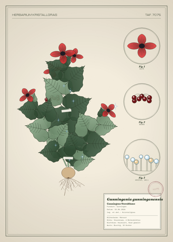 Botanische Tafel: Gunningenia gunningenensis, eine erfundene Pflanze aus Gunningen, gezeichnet wie in einem alten Pflanzenatlas