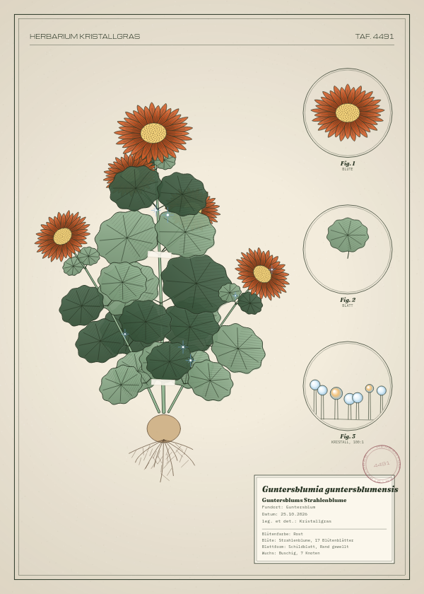 Botanische Tafel: Guntersblumia guntersblumensis, eine erfundene Pflanze aus Guntersblum, gezeichnet wie in einem alten Pflanzenatlas