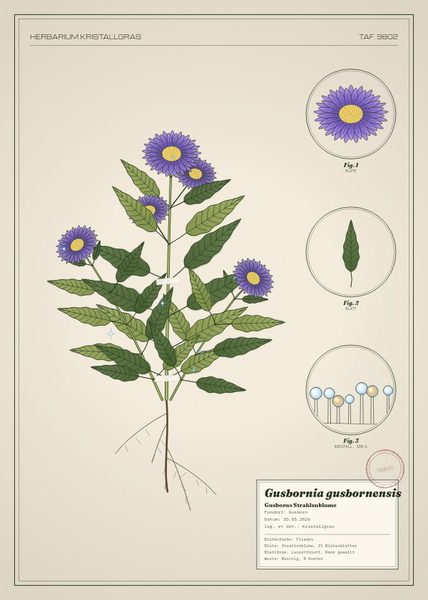 Botanische Tafel: Gusbornia gusbornensis, eine erfundene Pflanze aus Gusborn, gezeichnet wie in einem alten Pflanzenatlas