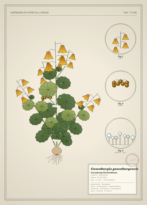Botanische Tafel: Gusenburgia gusenburgensis, eine erfundene Pflanze aus Gusenburg, gezeichnet wie in einem alten Pflanzenatlas