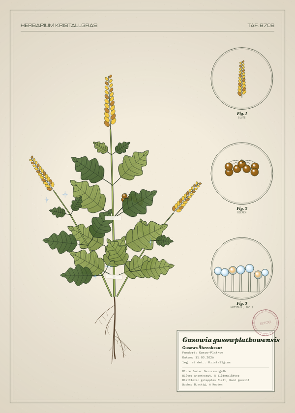 Botanische Tafel: Gusowia gusowplatkowensis, eine erfundene Pflanze aus Gusow-Platkow, gezeichnet wie in einem alten Pflanzenatlas