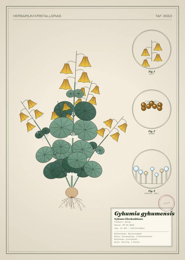 Botanische Tafel: Gyhumia gyhumensis, eine erfundene Pflanze aus Gyhum, gezeichnet wie in einem alten Pflanzenatlas
