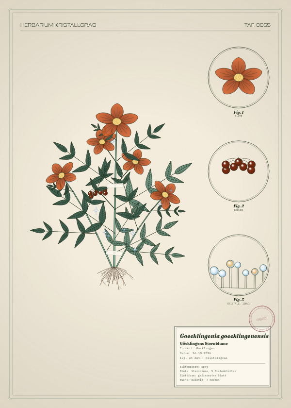 Botanische Tafel: Goecklingenia goecklingenensis, eine erfundene Pflanze aus Göcklingen, gezeichnet wie in einem alten Pflanzenatlas