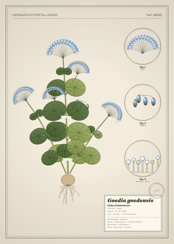 Botanische Tafel: Goedia goedensis, eine erfundene Pflanze aus Göda, gezeichnet wie in einem alten Pflanzenatlas