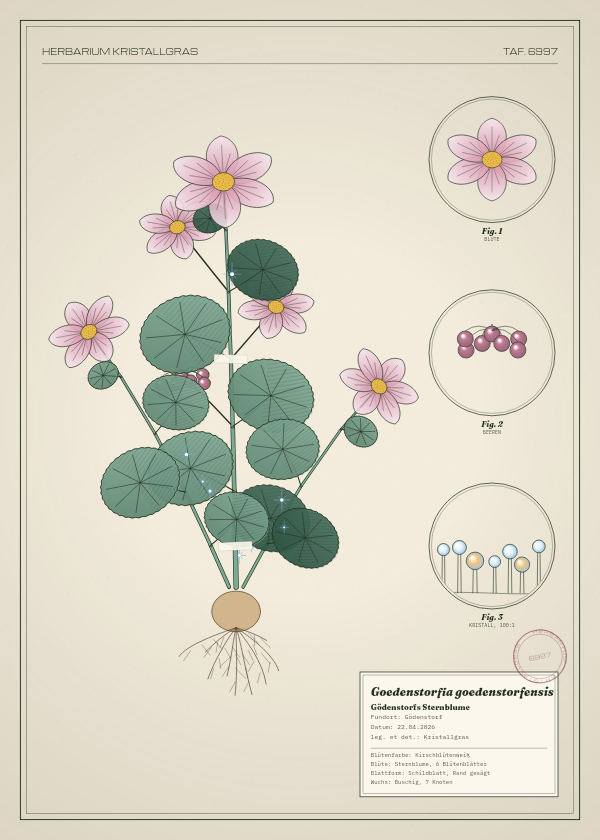 Botanische Tafel: Goedenstorfia goedenstorfensis, eine erfundene Pflanze aus Gödenstorf, gezeichnet wie in einem alten Pflanzenatlas