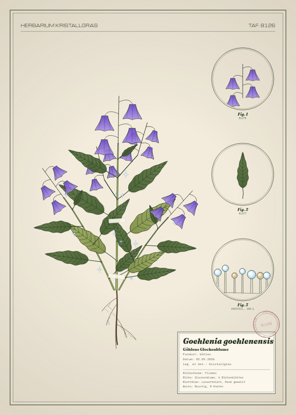 Botanische Tafel: Goehlenia goehlenensis, eine erfundene Pflanze aus Göhlen, gezeichnet wie in einem alten Pflanzenatlas