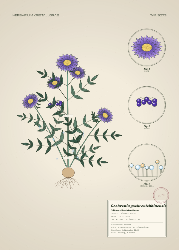 Botanische Tafel: Goehrenia goehrenlebbinensis, eine erfundene Pflanze aus Göhren-Lebbin, gezeichnet wie in einem alten Pflanzenatlas