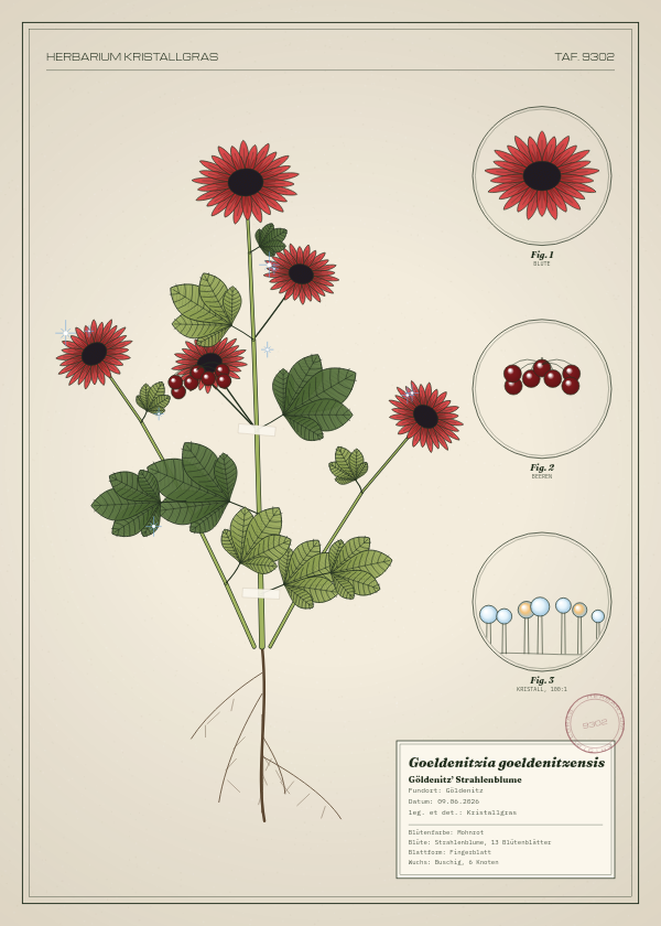 Botanische Tafel: Goeldenitzia goeldenitzensis, eine erfundene Pflanze aus Göldenitz, gezeichnet wie in einem alten Pflanzenatlas