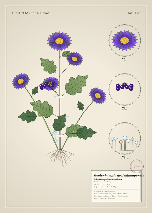 Botanische Tafel: Goelenkampia goelenkampensis, eine erfundene Pflanze aus Gölenkamp, gezeichnet wie in einem alten Pflanzenatlas