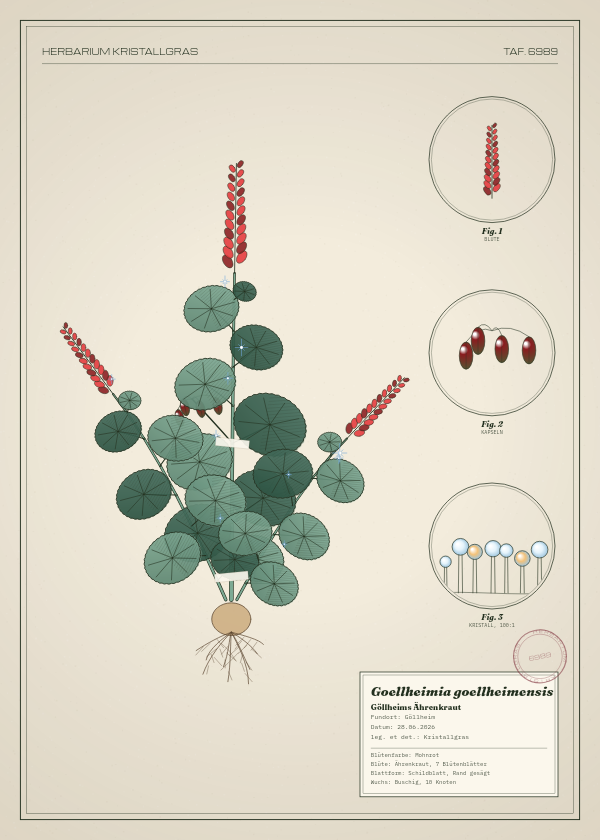 Botanische Tafel: Goellheimia goellheimensis, eine erfundene Pflanze aus Göllheim, gezeichnet wie in einem alten Pflanzenatlas