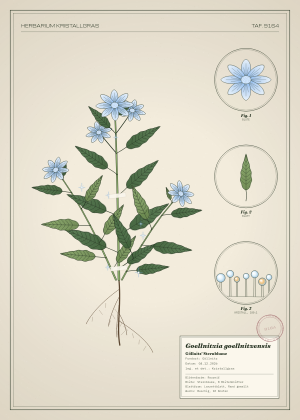 Botanische Tafel: Goellnitzia goellnitzensis, eine erfundene Pflanze aus Göllnitz, gezeichnet wie in einem alten Pflanzenatlas