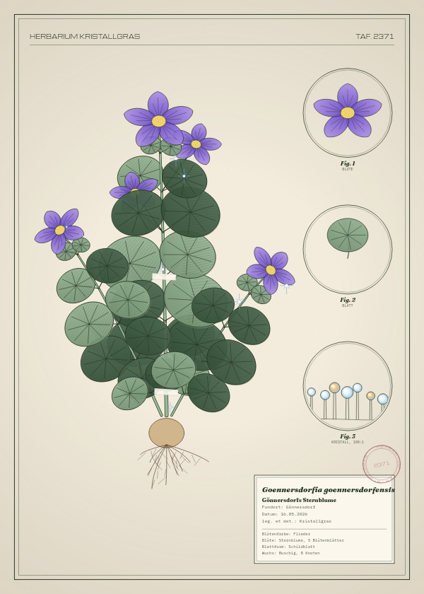 Botanische Tafel: Goennersdorfia goennersdorfensis, eine erfundene Pflanze aus Gönnersdorf, gezeichnet wie in einem alten Pflanzenatlas