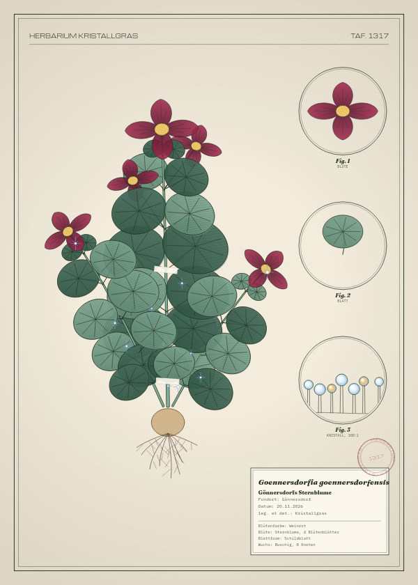 Botanische Tafel: Goennersdorfia goennersdorfensis, eine erfundene Pflanze aus Gönnersdorf, gezeichnet wie in einem alten Pflanzenatlas