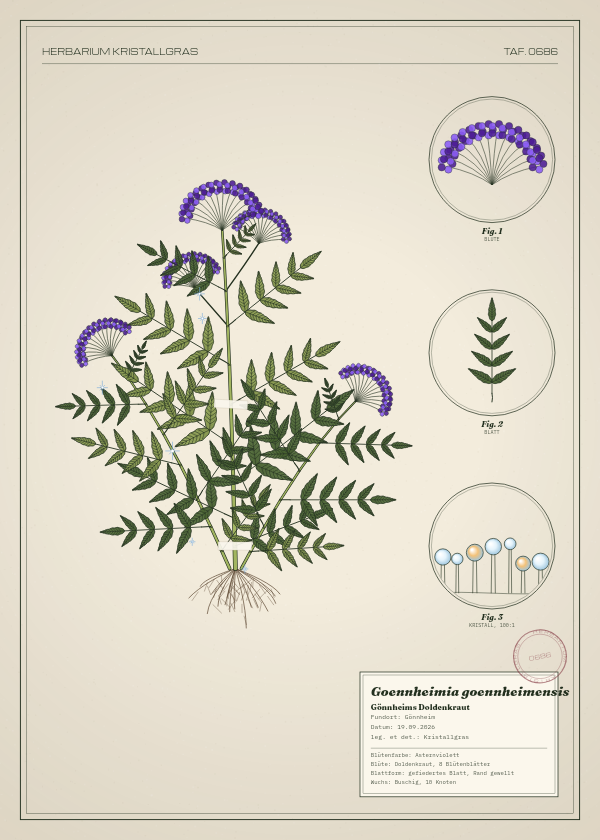 Botanische Tafel: Goennheimia goennheimensis, eine erfundene Pflanze aus Gönnheim, gezeichnet wie in einem alten Pflanzenatlas