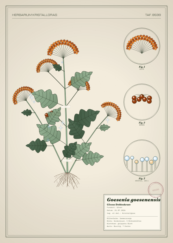 Botanische Tafel: Goesenia goesenensis, eine erfundene Pflanze aus Gösen, gezeichnet wie in einem alten Pflanzenatlas