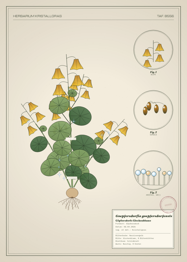 Botanische Tafel: Goepfersdorfia goepfersdorfensis, eine erfundene Pflanze aus Göpfersdorf, gezeichnet wie in einem alten Pflanzenatlas