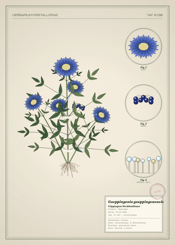 Botanische Tafel: Goeppingenia goeppingenensis, eine erfundene Pflanze aus Göppingen, gezeichnet wie in einem alten Pflanzenatlas