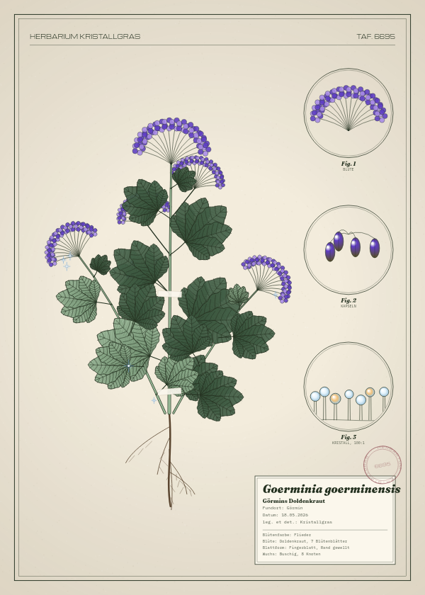 Botanische Tafel: Goerminia goerminensis, eine erfundene Pflanze aus Görmin, gezeichnet wie in einem alten Pflanzenatlas