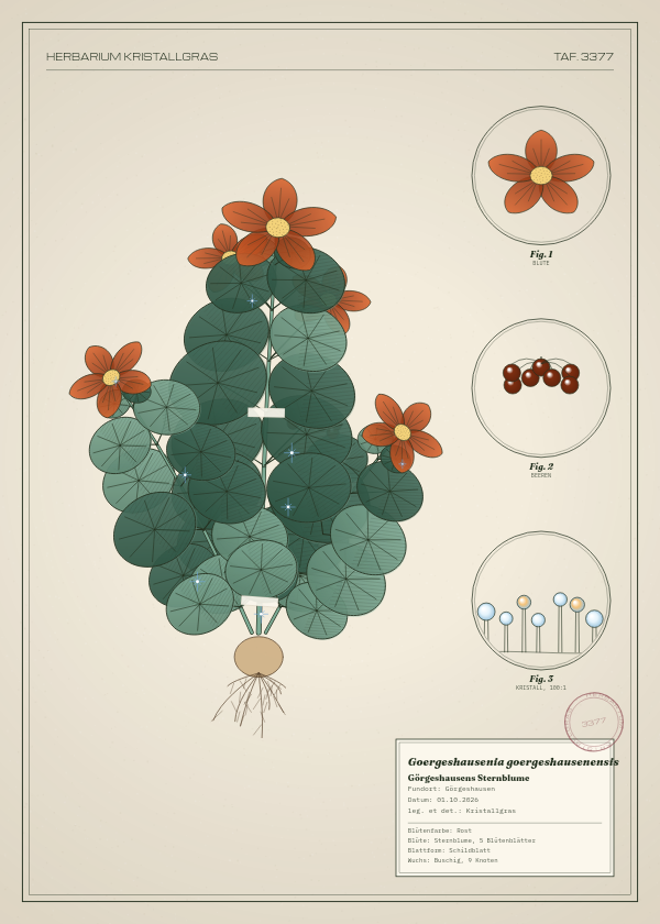 Botanische Tafel: Goergeshausenia goergeshausenensis, eine erfundene Pflanze aus Görgeshausen, gezeichnet wie in einem alten Pflanzenatlas