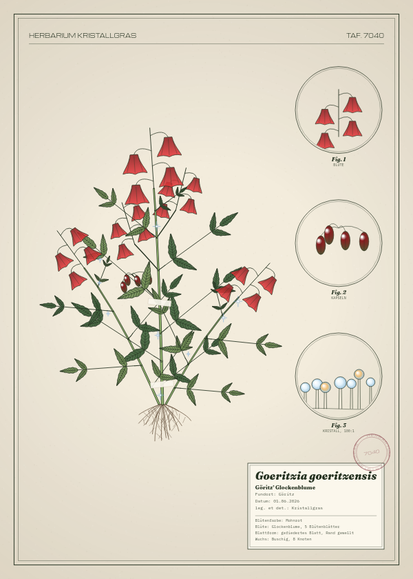 Botanische Tafel: Goeritzia goeritzensis, eine erfundene Pflanze aus Göritz, gezeichnet wie in einem alten Pflanzenatlas