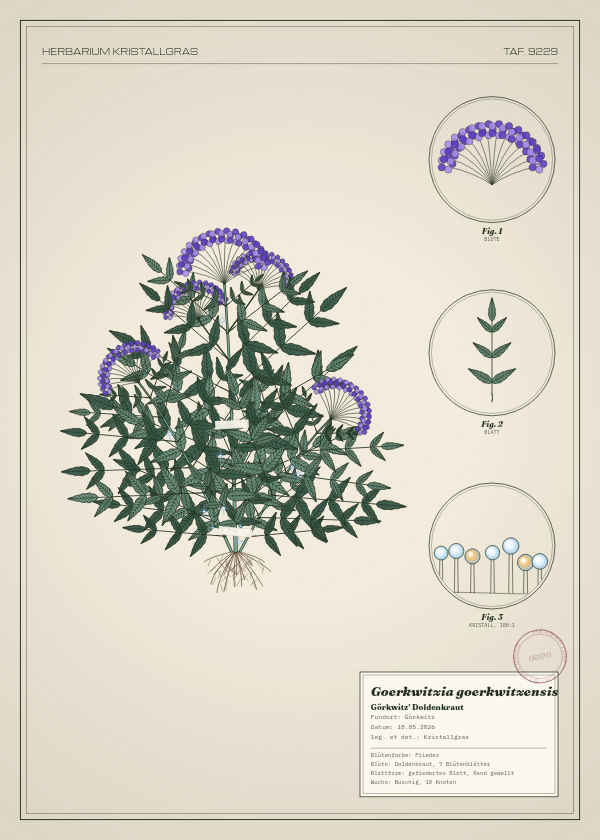 Botanische Tafel: Goerkwitzia goerkwitzensis, eine erfundene Pflanze aus Görkwitz, gezeichnet wie in einem alten Pflanzenatlas