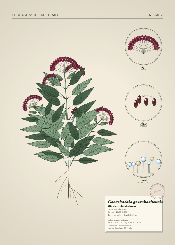 Botanische Tafel: Goersbachia goersbachensis, eine erfundene Pflanze aus Görsbach, gezeichnet wie in einem alten Pflanzenatlas