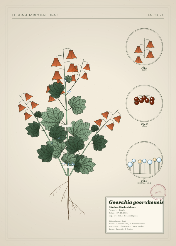 Botanische Tafel: Goerzkia goerzkensis, eine erfundene Pflanze aus Görzke, gezeichnet wie in einem alten Pflanzenatlas