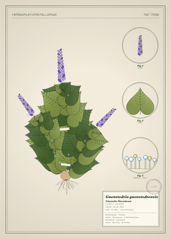 Botanische Tafel: Guenstedtia guenstedtensis, eine erfundene Pflanze aus Günstedt, gezeichnet wie in einem alten Pflanzenatlas