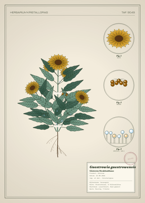 Botanische Tafel: Guestrowia guestrowensis, eine erfundene Pflanze aus Güstrow, gezeichnet wie in einem alten Pflanzenatlas