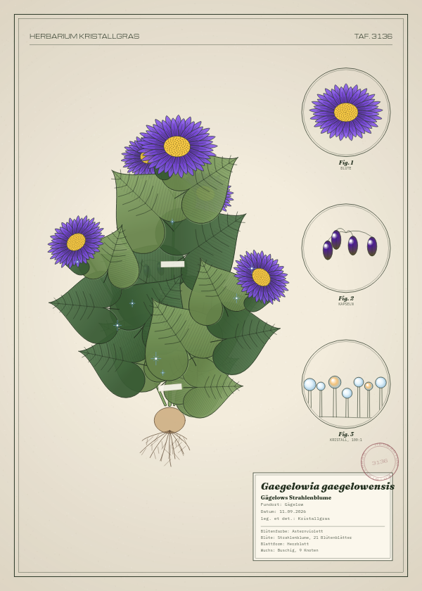 Botanische Tafel: Gaegelowia gaegelowensis, eine erfundene Pflanze aus Gägelow, gezeichnet wie in einem alten Pflanzenatlas