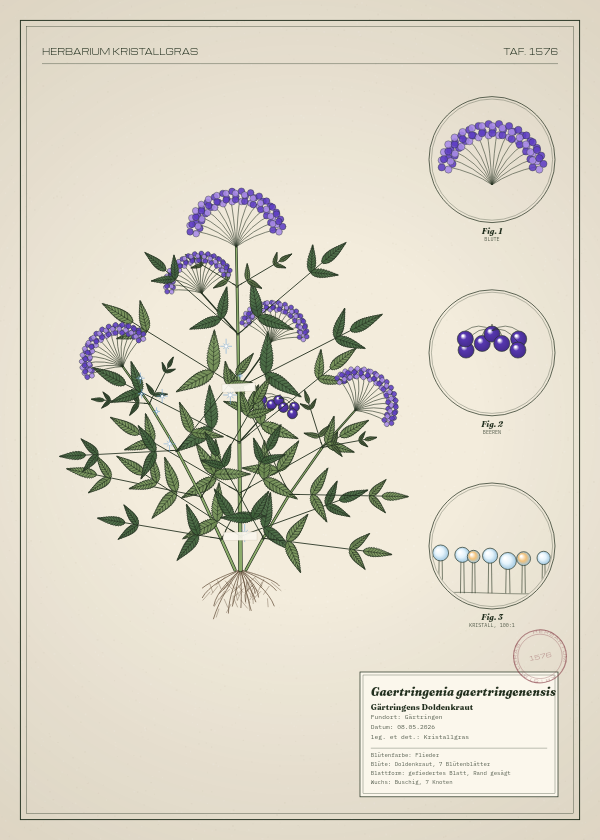 Botanische Tafel: Gaertringenia gaertringenensis, eine erfundene Pflanze aus Gärtringen, gezeichnet wie in einem alten Pflanzenatlas
