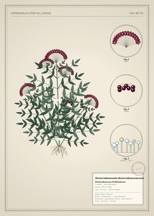 Botanische Tafel: Dotternhausenia dotternhausenensis, eine erfundene Pflanze aus Dotternhausen, gezeichnet wie in einem alten Pflanzenatlas