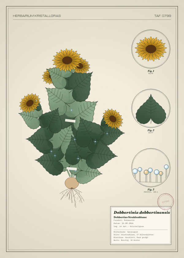 Botanische Tafel: Dobbertinia dobbertinensis, eine erfundene Pflanze aus Dobbertin, gezeichnet wie in einem alten Pflanzenatlas