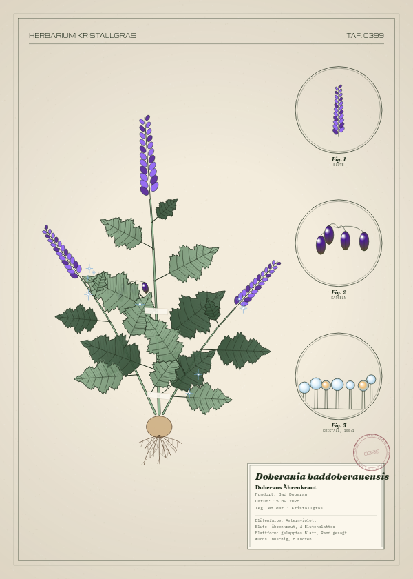 Botanische Tafel: Doberania baddoberanensis, eine erfundene Pflanze aus Bad Doberan, gezeichnet wie in einem alten Pflanzenatlas