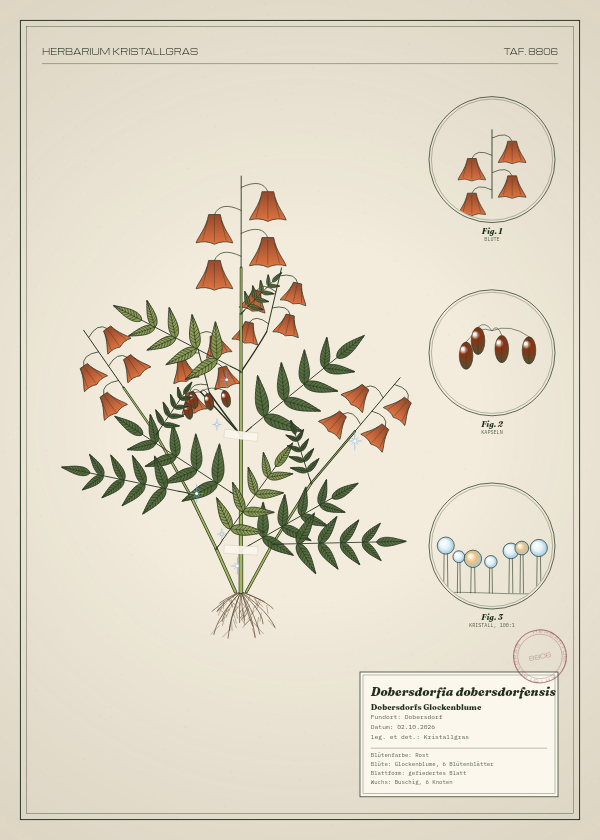 Botanische Tafel: Dobersdorfia dobersdorfensis, eine erfundene Pflanze aus Dobersdorf, gezeichnet wie in einem alten Pflanzenatlas