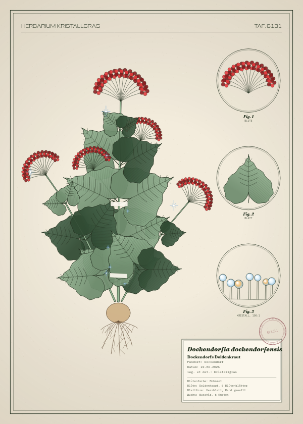 Botanische Tafel: Dockendorfia dockendorfensis, eine erfundene Pflanze aus Dockendorf, gezeichnet wie in einem alten Pflanzenatlas