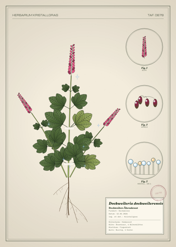 Botanische Tafel: Dockweileria dockweilerensis, eine erfundene Pflanze aus Dockweiler, gezeichnet wie in einem alten Pflanzenatlas