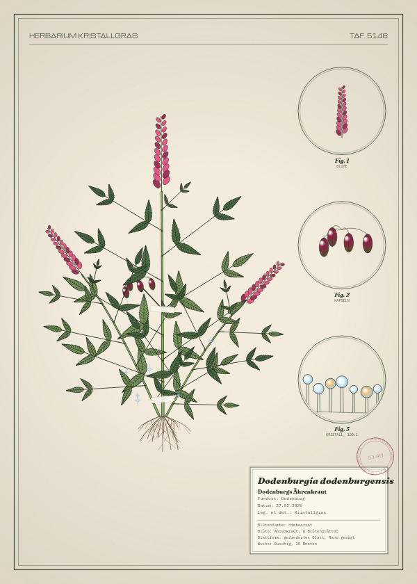 Botanische Tafel: Dodenburgia dodenburgensis, eine erfundene Pflanze aus Dodenburg, gezeichnet wie in einem alten Pflanzenatlas