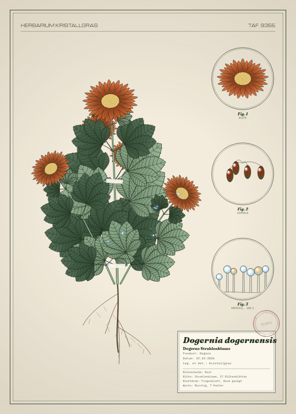 Botanische Tafel: Dogernia dogernensis, eine erfundene Pflanze aus Dogern, gezeichnet wie in einem alten Pflanzenatlas