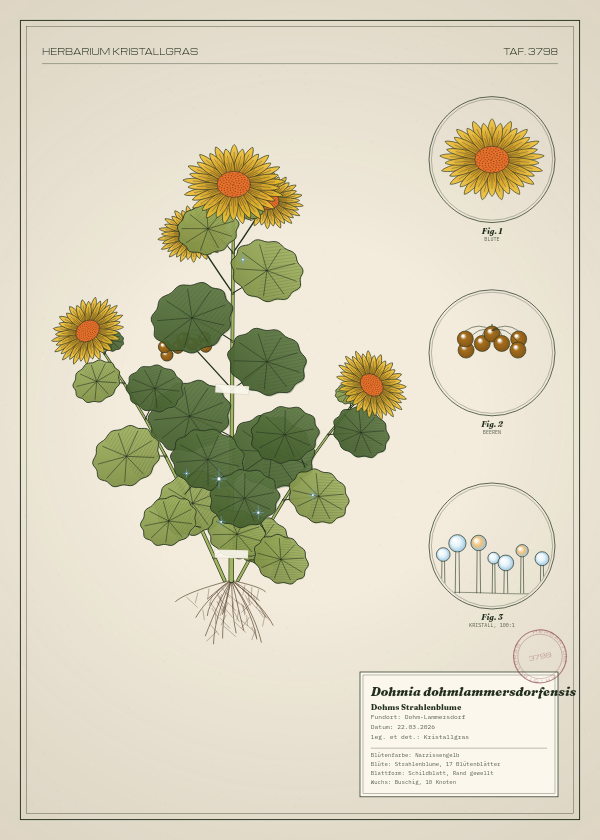 Botanische Tafel: Dohmia dohmlammersdorfensis, eine erfundene Pflanze aus Dohm-Lammersdorf, gezeichnet wie in einem alten Pflanzenatlas
