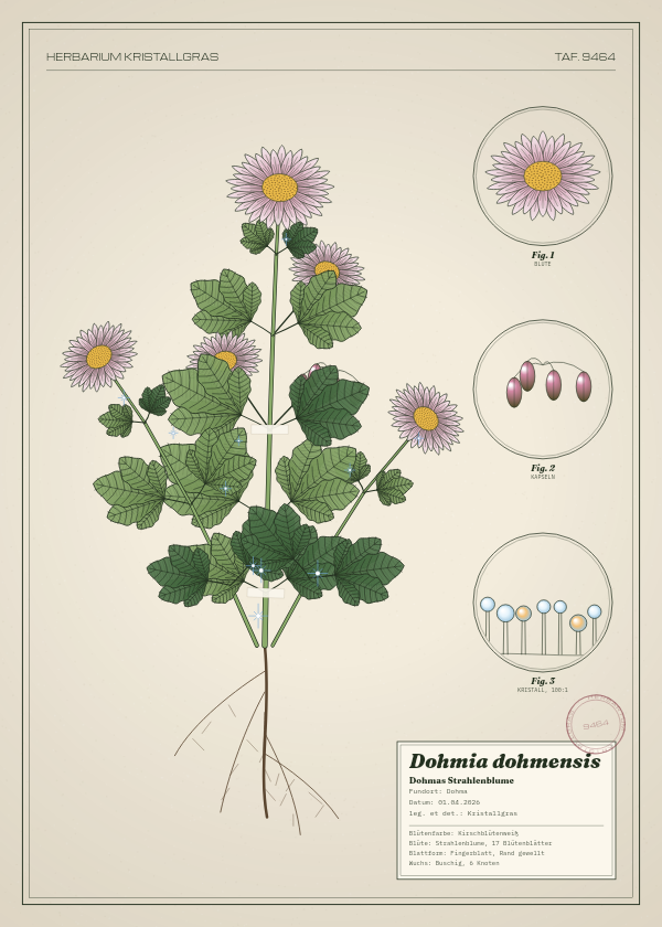 Botanische Tafel: Dohmia dohmensis, eine erfundene Pflanze aus Dohma, gezeichnet wie in einem alten Pflanzenatlas