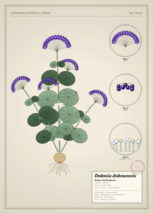 Botanische Tafel: Dohnia dohnensis, eine erfundene Pflanze aus Dohna, gezeichnet wie in einem alten Pflanzenatlas