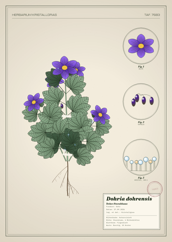 Botanische Tafel: Dohria dohrensis, eine erfundene Pflanze aus Dohr, gezeichnet wie in einem alten Pflanzenatlas
