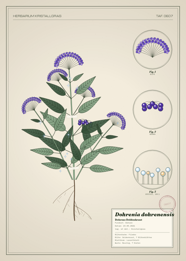 Botanische Tafel: Dohrenia dohrenensis, eine erfundene Pflanze aus Dohren, gezeichnet wie in einem alten Pflanzenatlas