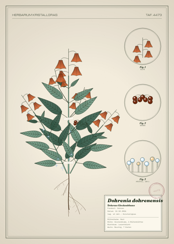 Botanische Tafel: Dohrenia dohrenensis, eine erfundene Pflanze aus Dohren, gezeichnet wie in einem alten Pflanzenatlas