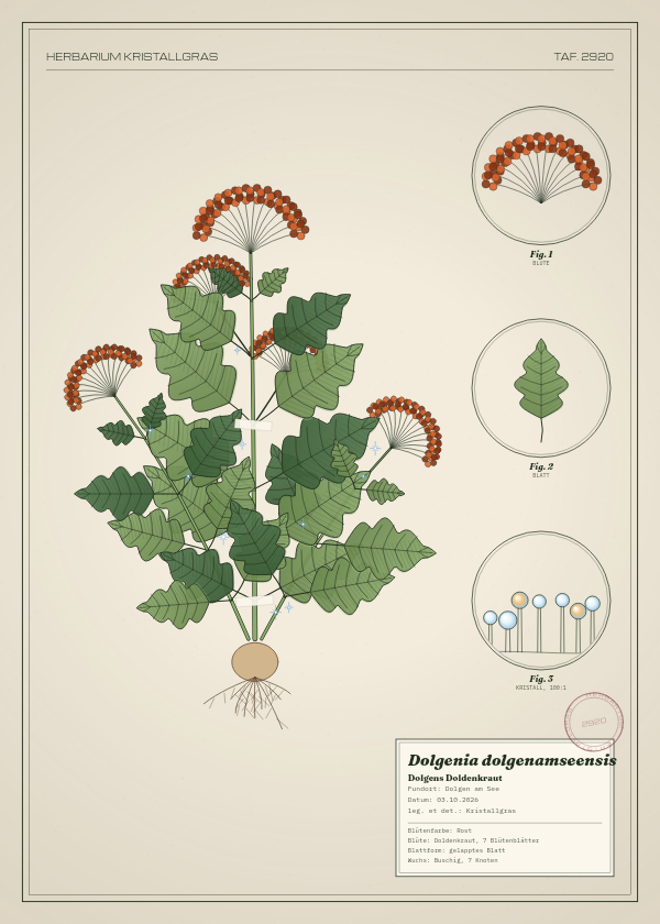Botanische Tafel: Dolgenia dolgenamseensis, eine erfundene Pflanze aus Dolgen am See, gezeichnet wie in einem alten Pflanzenatlas