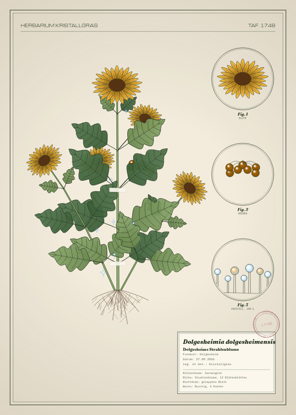 Botanische Tafel: Dolgesheimia dolgesheimensis, eine erfundene Pflanze aus Dolgesheim, gezeichnet wie in einem alten Pflanzenatlas