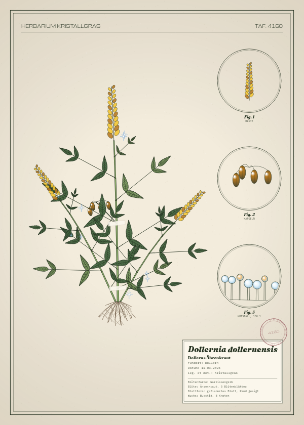 Botanische Tafel: Dollernia dollernensis, eine erfundene Pflanze aus Dollern, gezeichnet wie in einem alten Pflanzenatlas